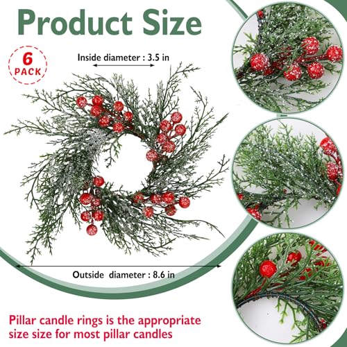 Set of 6 Christmas Candle Ring Wreaths with Red Berries & Snowy Pine