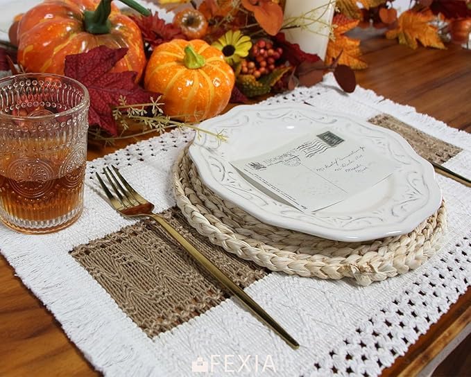 Boho Macrame Placemats Set of 6, Woven Burlap Farmhouse Dining Table Mats