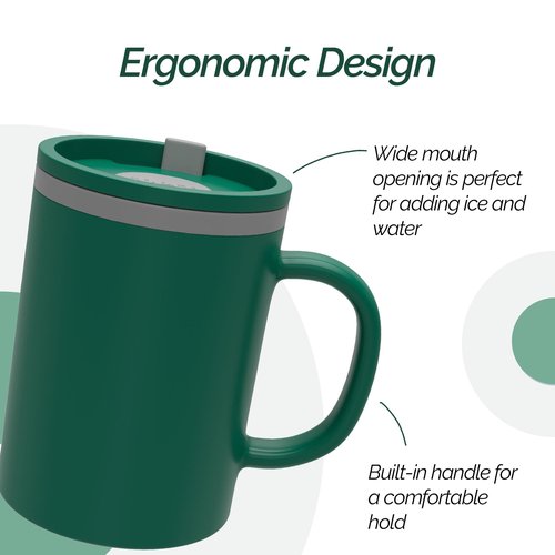 Copco Iconic 16oz Double Wall Insulated Desk Mug with Lid & Handle, Set of 2, BPA-Free Reusable Plastic, Spill-Proof, Microwave & Dishwasher Safe, Wide Mouth, Cup Holder Friendly (Green/Hunter Green)