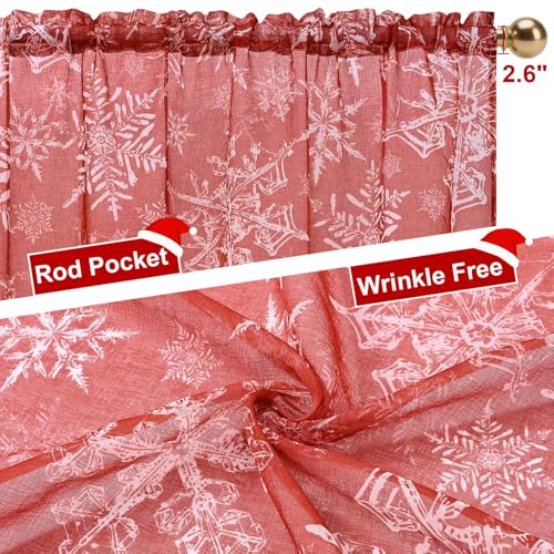 Yinhua Red Snowflake Christmas Sheer Curtains Set 52x84 Inches, 2 Panels