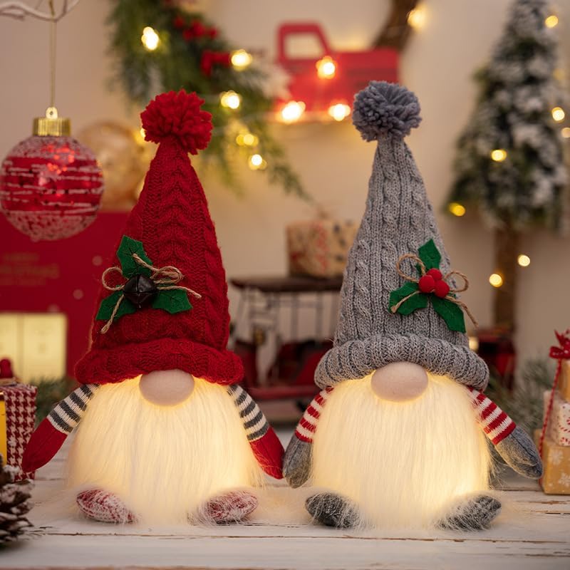 Skiennix Lighted Christmas Gnome Ornaments - LED Battery Operated Holiday Decor | 2 Pack (Red & Grey)