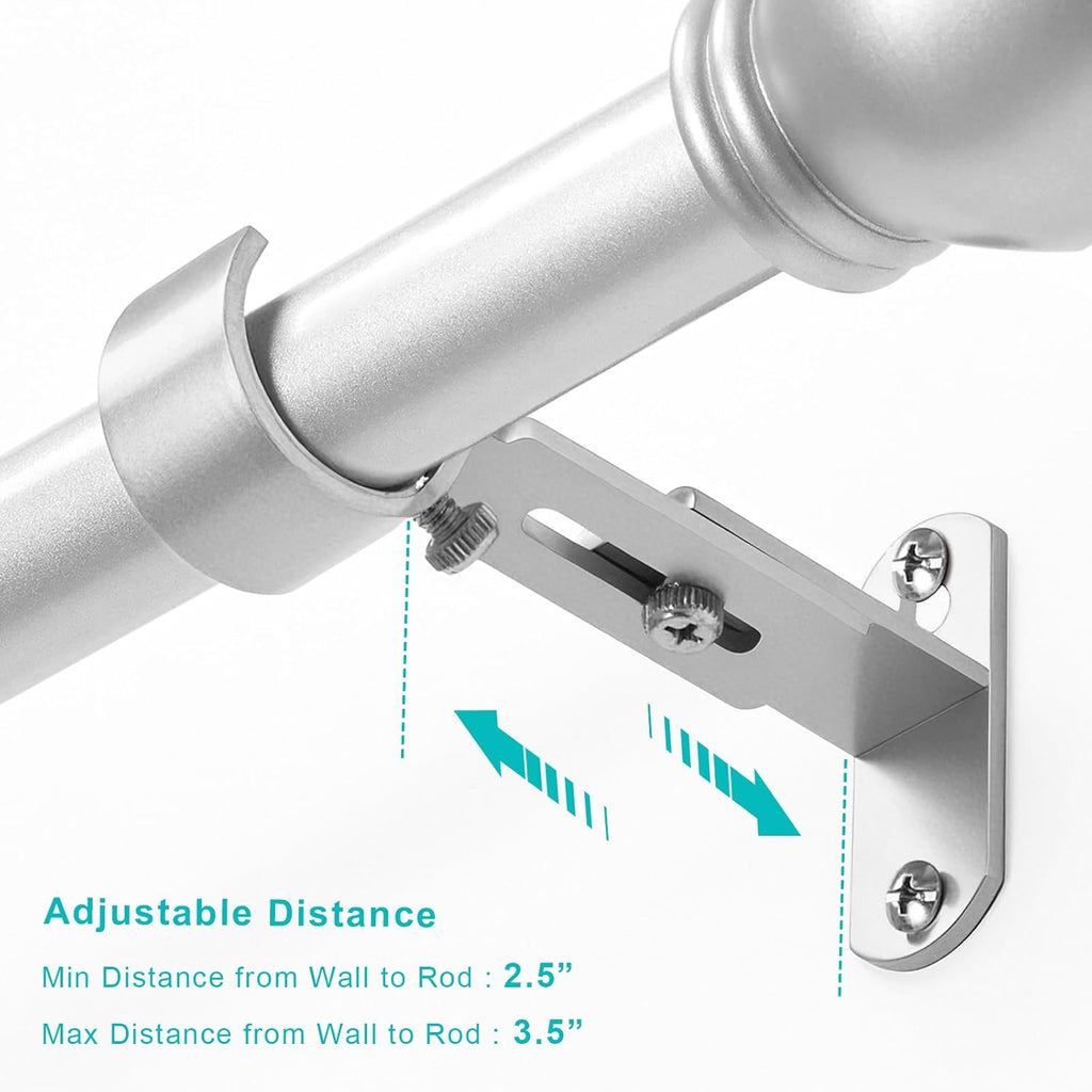 Skiennix Adjustable Curtain Rod Brackets - Metal Drapery Rod Holders for 1 Inch Rods | Satin Silver, Set of 2