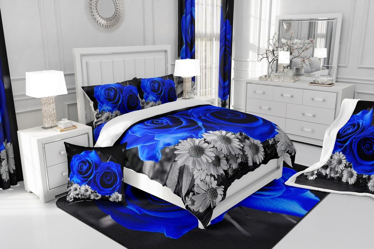 Feelyou Rose Flowers Bed Sheets Set Kids Botanical Rose Floral Sheet Set Boys Girls Decor Garden Flower Sheets with Deep Pocket Fitted Sheet Valentine's Day Blue Bedding Set Bedroom Queen Size