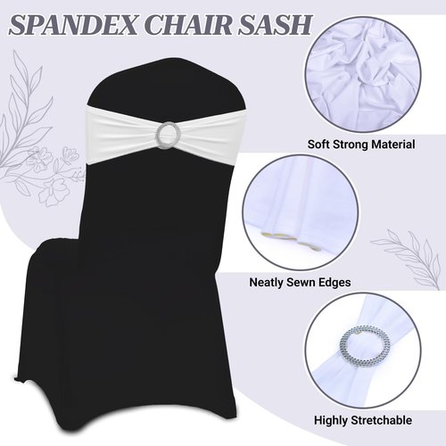 MDS Spandex Chair Sashes - Universal Fit Elastic Stretch Bands with Buckle Slider Bow | 150 Pack - White