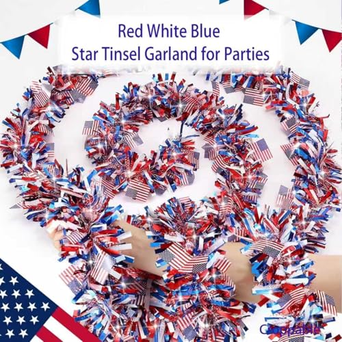 50ft Patriotic Tinsel Garland with American Flags - Red White & Blue Decor