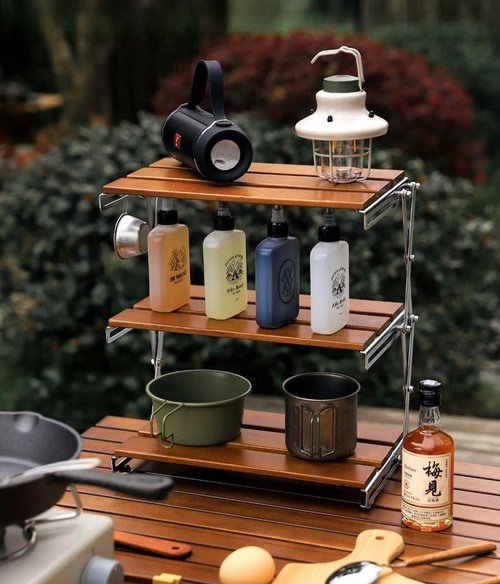 WONQEXZ Desktop Storage Rack, Camping Display Rack, Portable Folding Solid Wood Aluminum Alloy, Brown, ZDZWJ-1