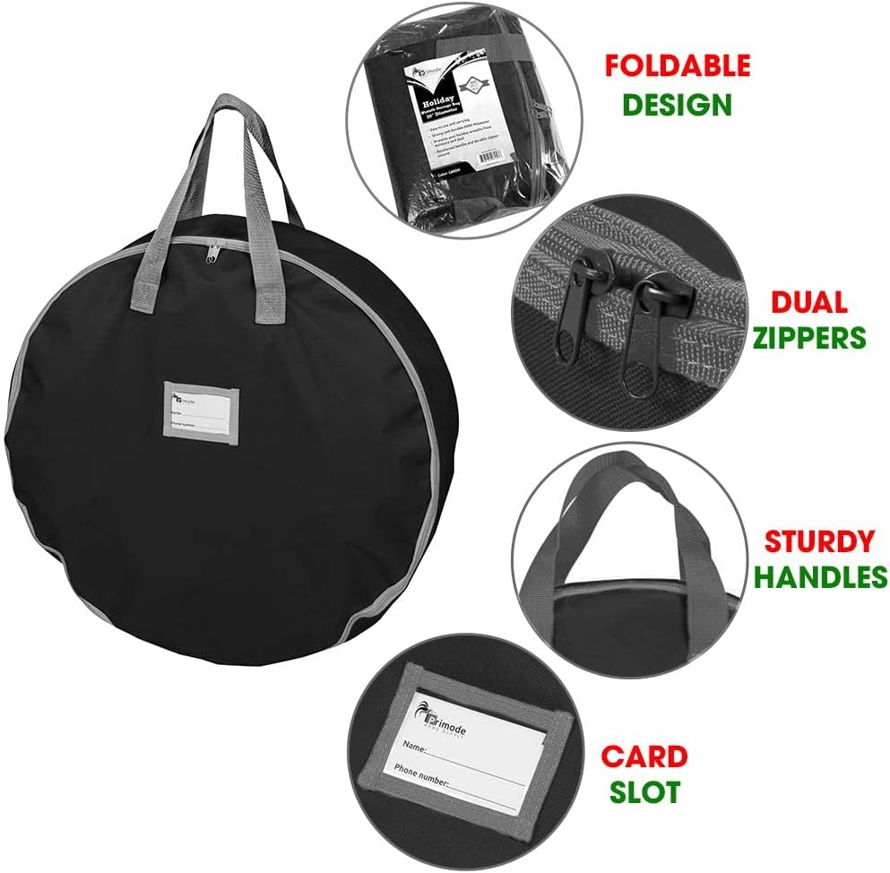 Primode Heavy Duty Christmas Wreath Storage Bag - Durable 600D Oxford Polyester - 24" Black Container with Handles