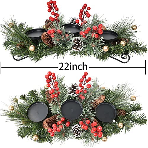 Christmas Candle Holder Centerpiece with Pine Cones & Red Berries (20-Inch)