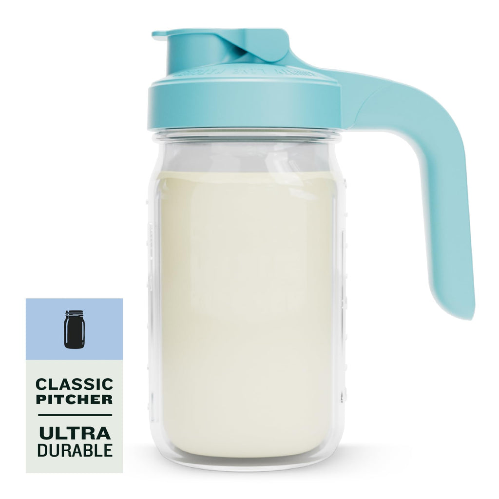 County Line Kitchen Glass Breast Milk Pitcher with Lid - Wide Mouth, 1 Quart (32 oz) - Heavy Duty, Leak Proof - Sun & Iced Tea Pitcher, Cold Brew Coffee, Breast Milk Storage, Water - Light Blue