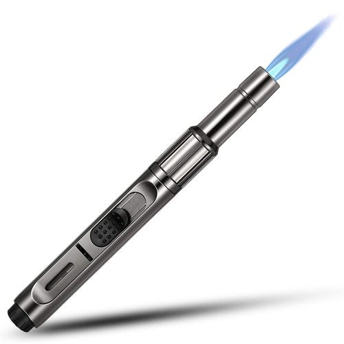 Butane Torch With Long Refillable Kitchen Lighter, Visible Fuel Window, Adjustable Jet Flame Pen for Grill, Fireplace (Black1)
