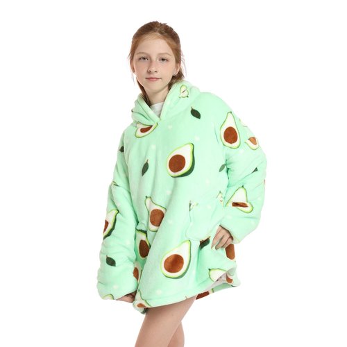 Deserthome Wearable Blanket Hoodie for Kids 4-12YR Oversized Hooded Blanket Super Soft Comfortable Warm Flannel Green Avocado