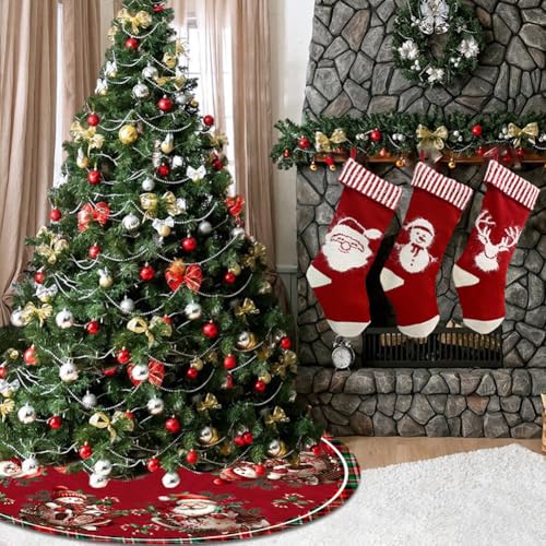 RABUSOFA 48-Inch Christmas Tree Skirt Snowman Santa Decoration (Red) for Home