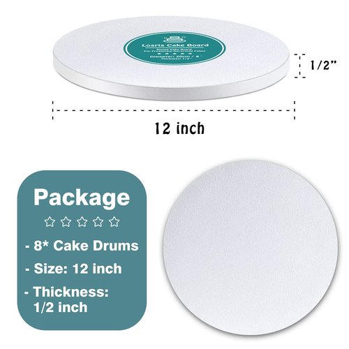 White Cake Drums Round 12 Inch Cake Boards with 1/2-Inch Thick Smooth Edges for Multi Tiered Birthday Wedding Party Cakes Drum Board