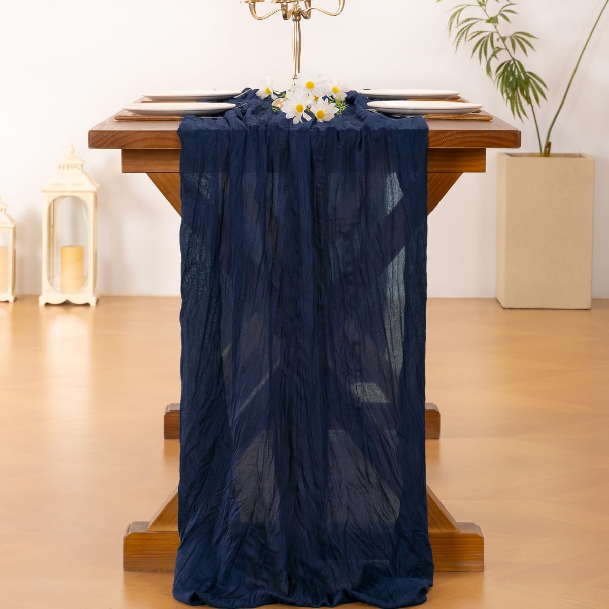 Socomi Cheesecloth Table Runner - 120 Inch Navy Blue Boho Rustic Decor for Weddings & Parties