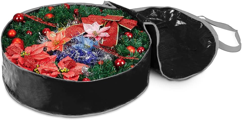 Propik Wreath Storage Bag - Tear Resistant Holiday Garland Container with Heavy Duty Handles | 30” x 30” x 8” (Black)