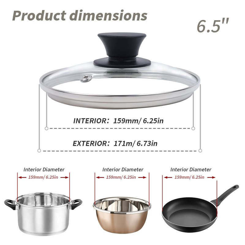 6.5" Tempered Glass Pan Lid with Steam Vent, Thickened to 4mm and Dishwasher Safe and Oven up to 480℉, Universal Lid Fit for Cast Iron Skillets, Frying Saute Pan, Cooking Pot