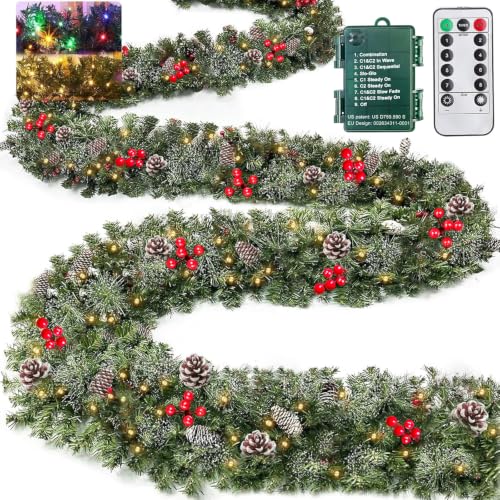 Camlinbo 18 Ft Prelit Snowy Pine Garland with Remote, 100 Warm White & Multicolor LEDs, 8 Modes, Timer, 352 Tips