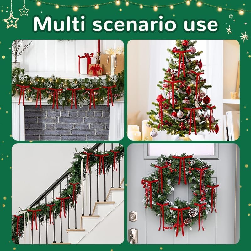 OVQ Burgundy Red Velvet Christmas Bows - 24 Pcs Holiday Ribbon Decorations