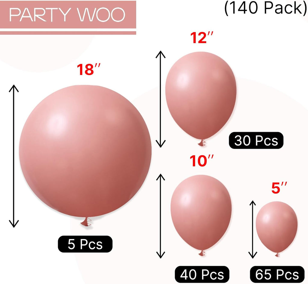 PartyWoo Dusty Pink Balloons - 140-Piece Blush Pink Balloon Arch Kit for Baby Showers & Birthday Parties | Various Sizes 5-18 Inches