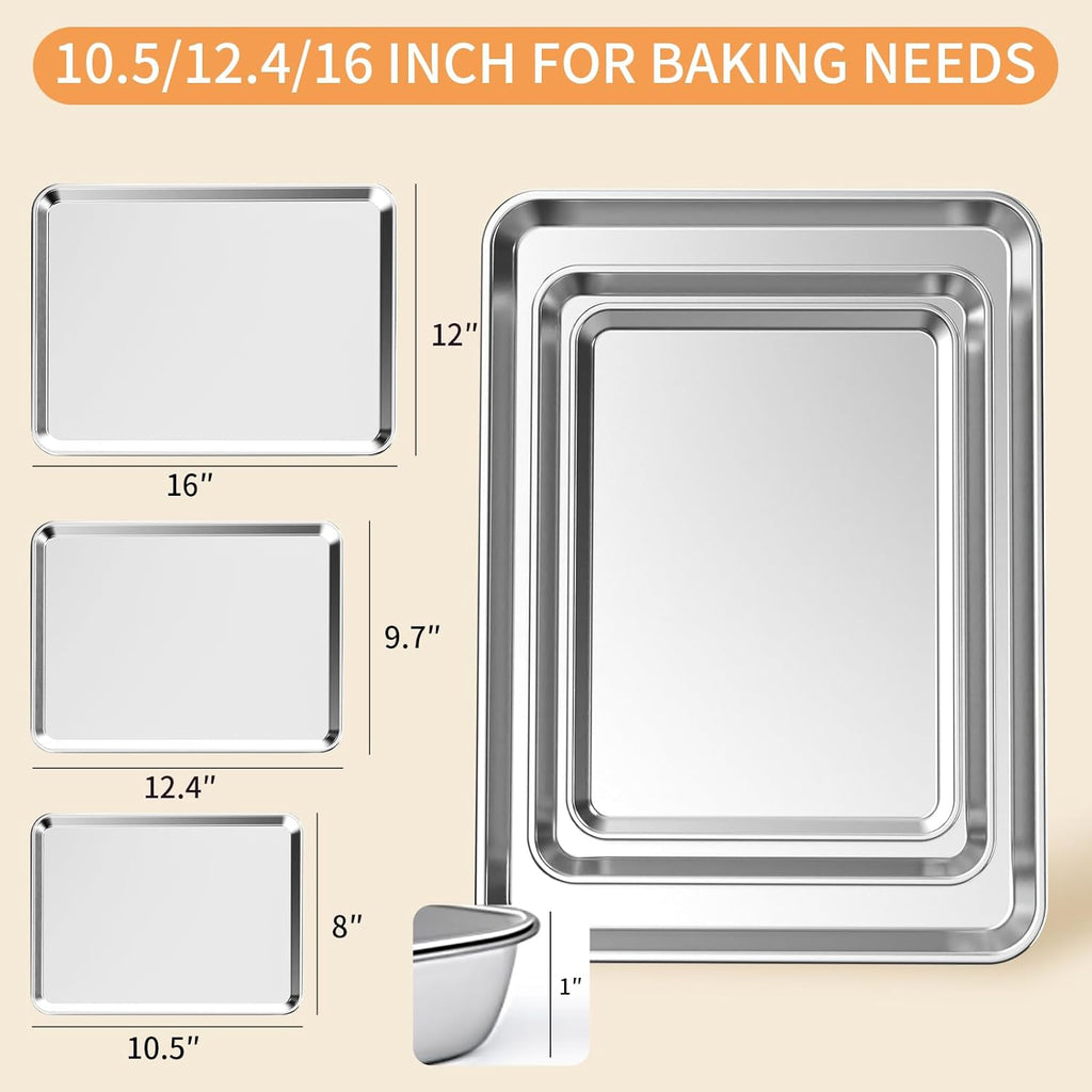 Skiennix Baking Sheet Set - Heavy Duty Stainless Steel Cookie Sheets | Non-Stick, Easy Clean, 10.5/12.4/16 Inch