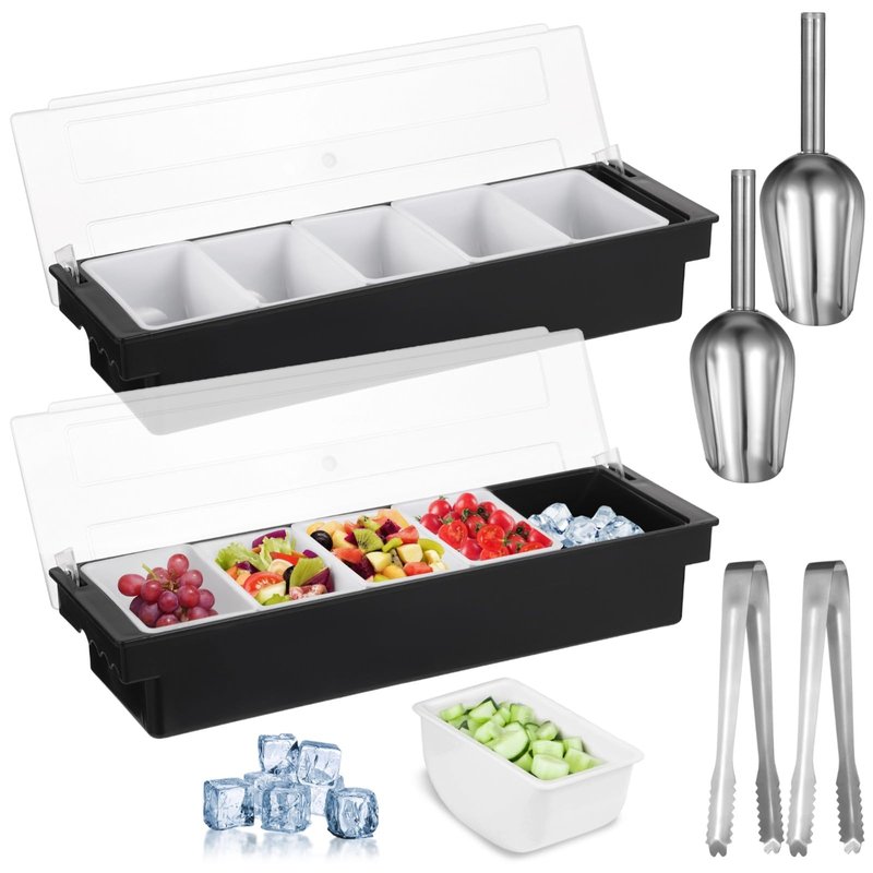 yeesport 2 Pcs 5-Compartment Condiment Dispensers, Chilled Fruit Veggie Caddies with Lids, Ice Cooled Food Serving Containers, Includes Tongs and Scoops, Bar Garnish Trays for Snacks and Sauce