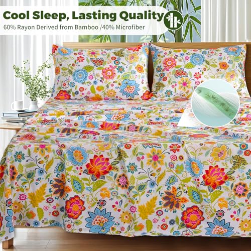 Bedlifes King Floral 4-Piece Sheet Set - Cooling Sheets Blend Rayon