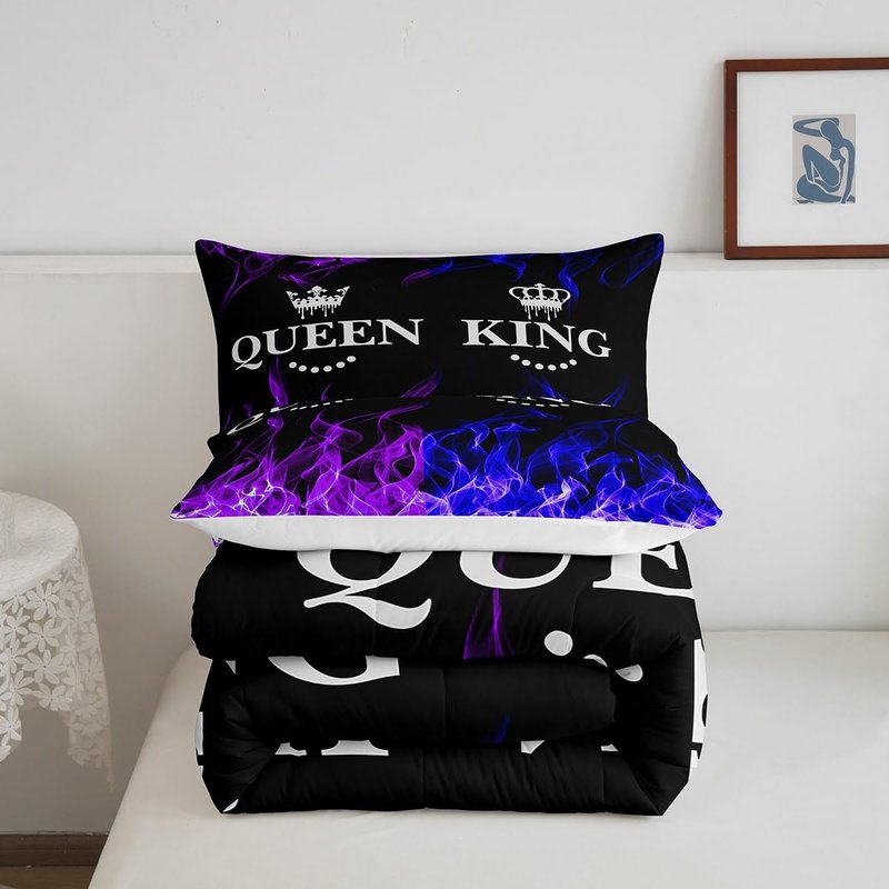 Feelyou King and Queen Crown Comforter Set Modern Chic Bedding Set King Size Duvet Insert All Season Sets for Couples 3 Pieces Purple Blue Flame Quilt Valentines Day Gifts Decorative Bedroom