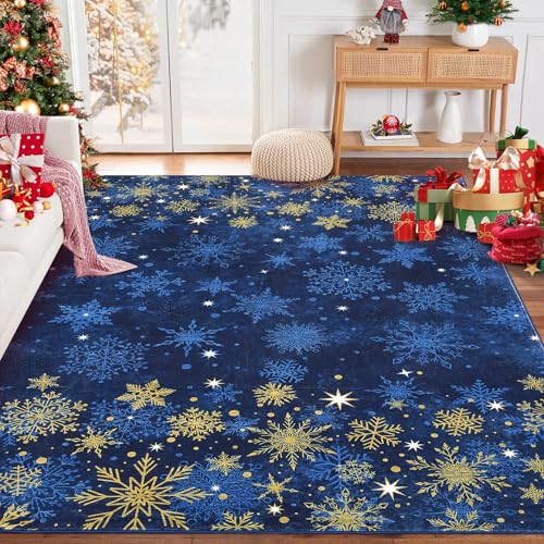 GarveeHome 8x10 Blue Christmas Snowflake Non-Slip Rug – Washable Holiday Home Decor