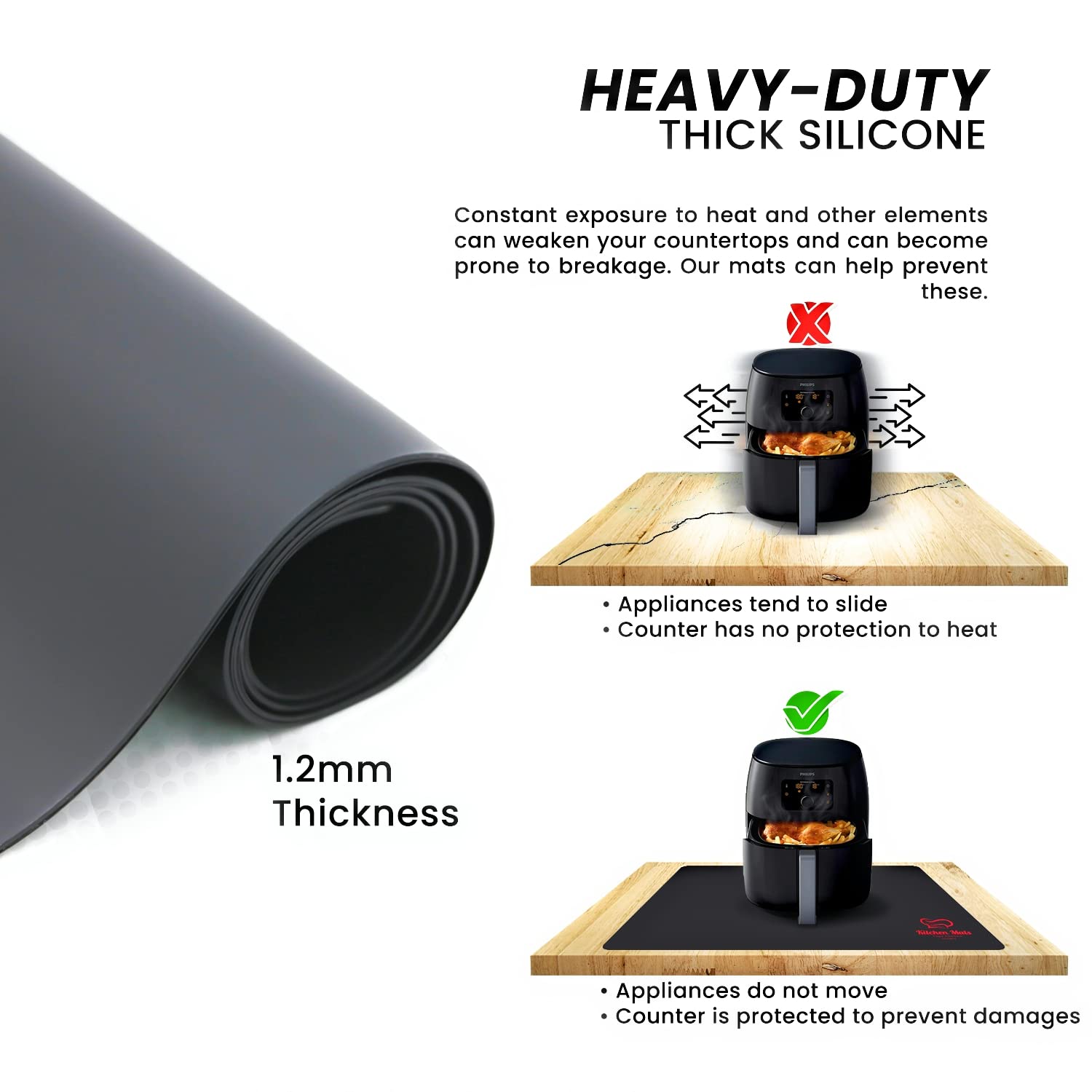 Large Black Heat Resistant Mat For Kitchen Countertop, 23”x15”, Protect Counter Top From Air Fryer, Microwave, And Toaster, Silicone Heat Resistant Mat, Hot Pad For Countertops (Black)