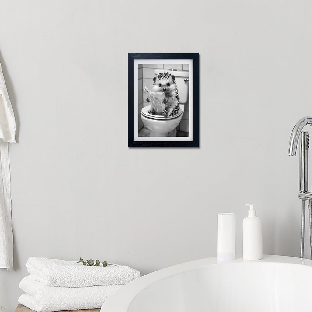 Regine Switzerland Funny Bathroom Wall Decor - Framed Black and White Hedgehog Reading Newspaper