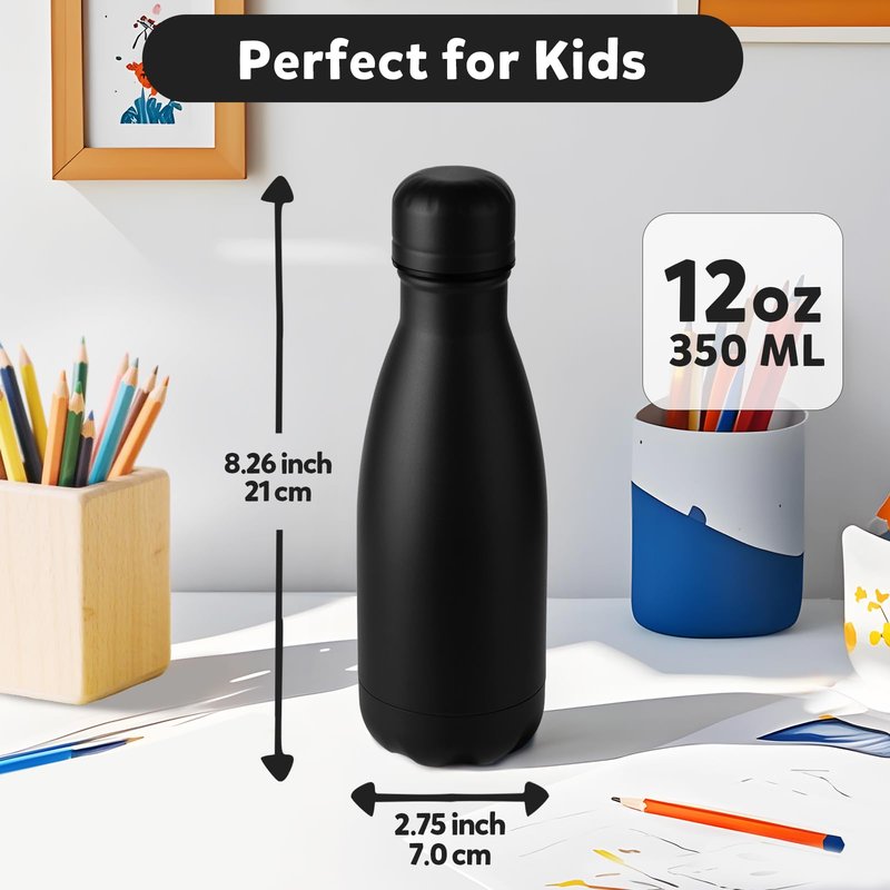 Volhoply 12oz Small Water Bottle Stainless Steel, BPA Free Insulated Water Bottles, Double Wall Cola Shape Flask, Keeps Cold 24 Hours and Hot 12 Hours for Kids Handbag (Black,1)