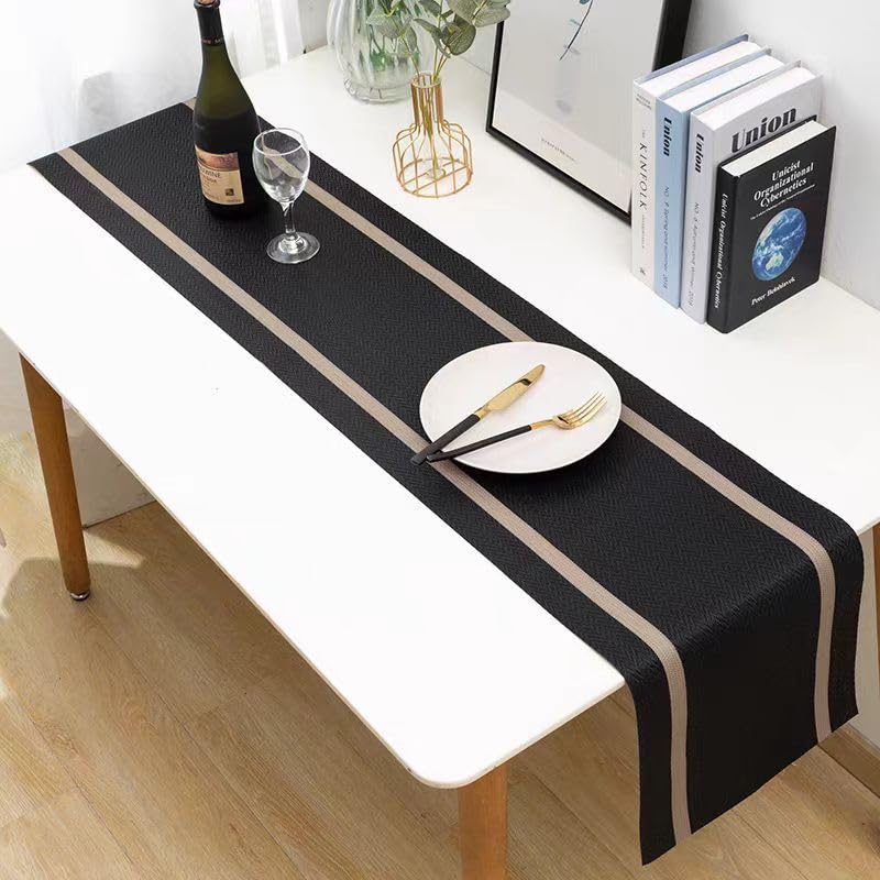 FAVE Woven Vinyl Table Runner 90x12 Inch Black with Gold Threads - Variation: 0-black / 12"x90"