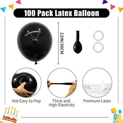 Black Balloons - 12-Inch Matte Latex | 100-Pack Helium Balloons for Birthday, Wedding & Party Decor
