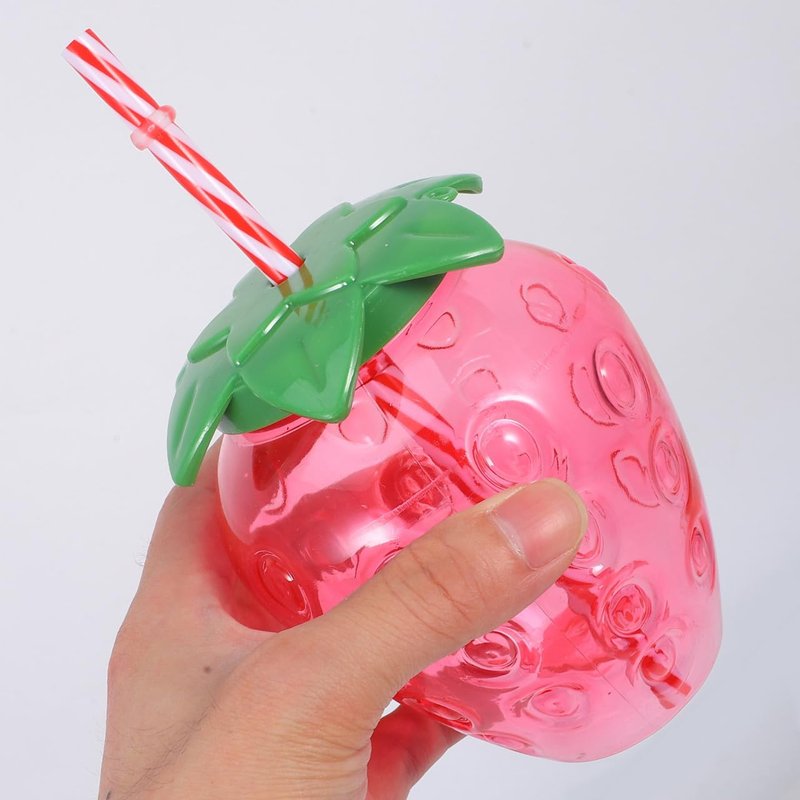 DOITOOL Strawberry Shaped Cups with Lids and Straws 16 Pcs Plastic Strawberry Drinking Tumblers for Girls Portable Milk Tea Cups for Parties and Everyday Use