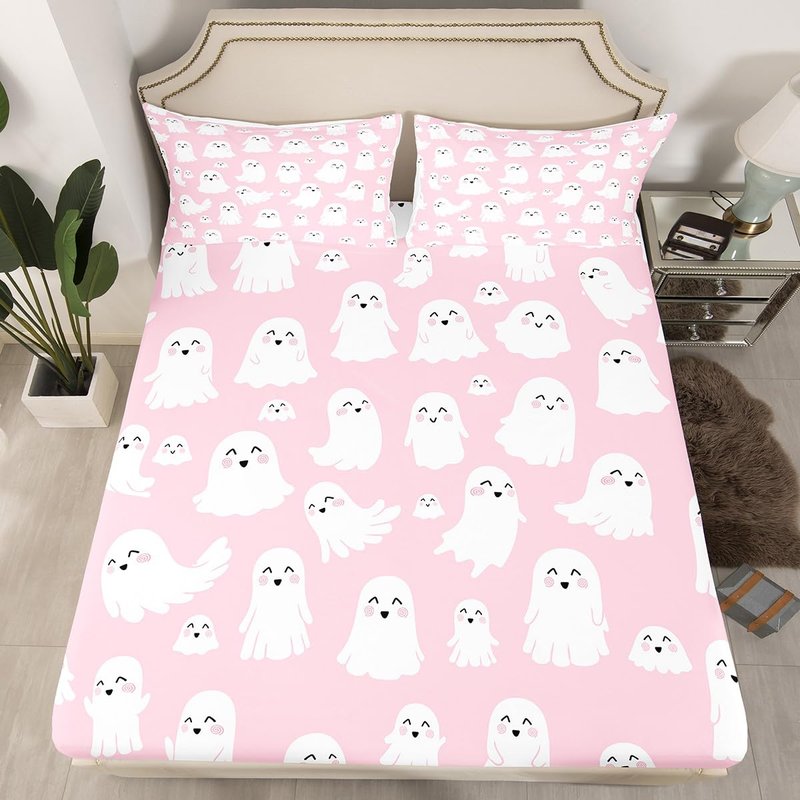 Feelyou Halloween Ghost Sheets Set Cute Pink Spooky King Size Bedding Set Decoration for Kids Boys Girls Cartoon Fitted Sheet Kawaii Lovely Bed Sheet Set Collection