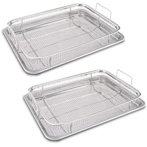 Voittozege 2 Set Air Fryer Basket for Oven, 15.5x11.5 Inch Stainless Steel Non-stick Mesh Basket Set, Air Fryer Accessories Oven Rack and Crisper Tray, Roasting Broiler Pan for Fries, Bacon, Chicken