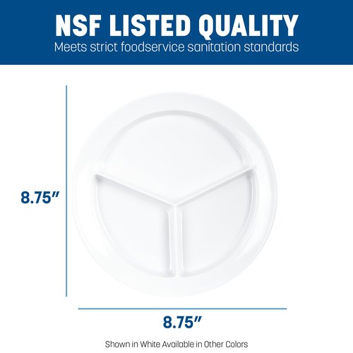 Carlisle FoodService Products Kingline Divided Plate Deep Compartment Plate with 3 Compartments for Home and Restaurant, Melamine, 8.75 Inches, White, (Pack of 12), Large