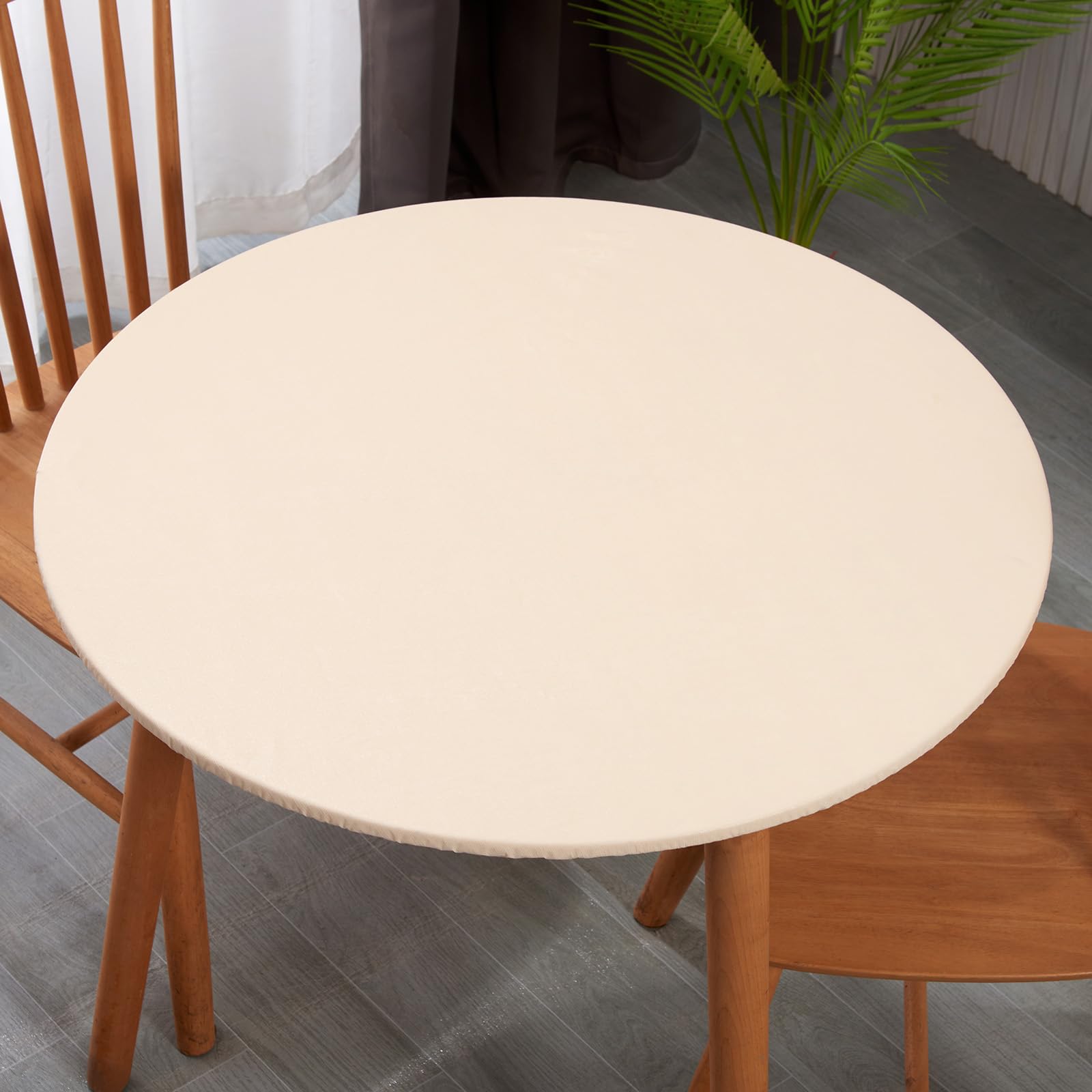 Runqiju Round Fitted Tablecloth with Elastic Edge, Flannel Backed Vinyl Tablecloths, Wipeable Waterproof Plastic Table Cloth Fits 40" - 44" Round Table for Dining, Camping, Indoor and Outdoor, Beige