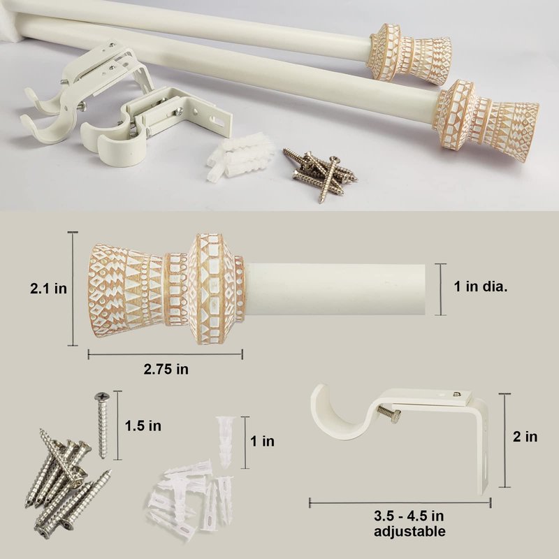 SKYPLUS LIVING Modern Boho Style Single Curtain Rod Set with Round Carved Finial,72-144 inch, Standard Single White Drapery Rod for 1 Pack, 1 inch diameter, Adjustable Length