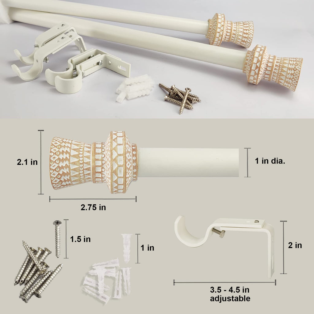 SKYPLUS LIVING Modern Boho Style Single Curtain Rod Set with Round Carved Finial,72-144 inch, Standard Single White Drapery Rod for 1 Pack, 1 inch diameter, Adjustable Length