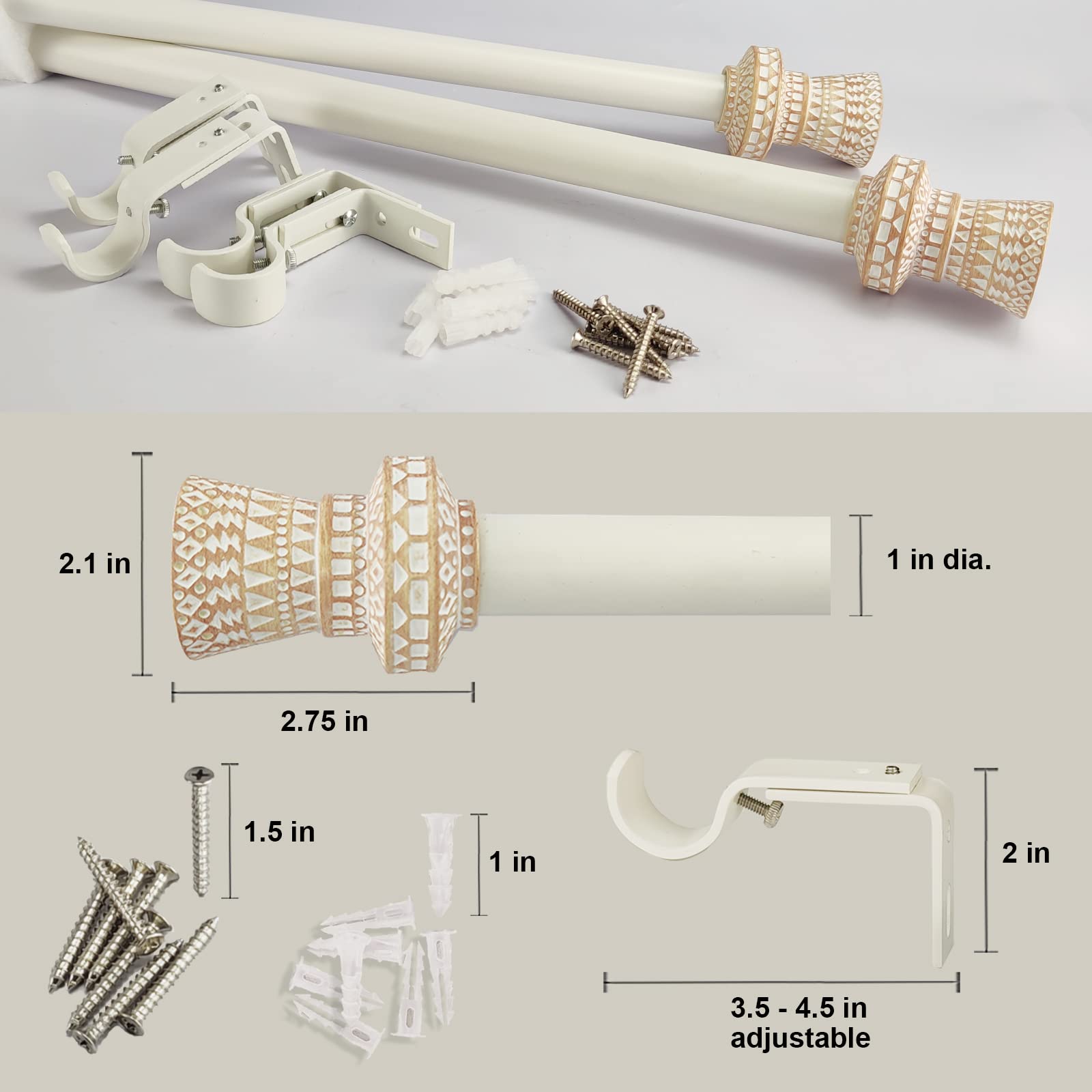SKYPLUS LIVING Modern Boho Style Single Curtain Rod Set with Round Carved Finial,72-144 inch, Standard Single White Drapery Rod for 1 Pack, 1 inch diameter, Adjustable Length