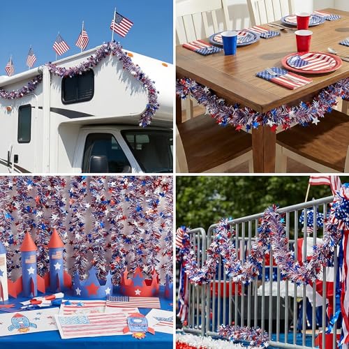 50ft Patriotic Tinsel Garland - Red White & Blue Metallic Star Decor