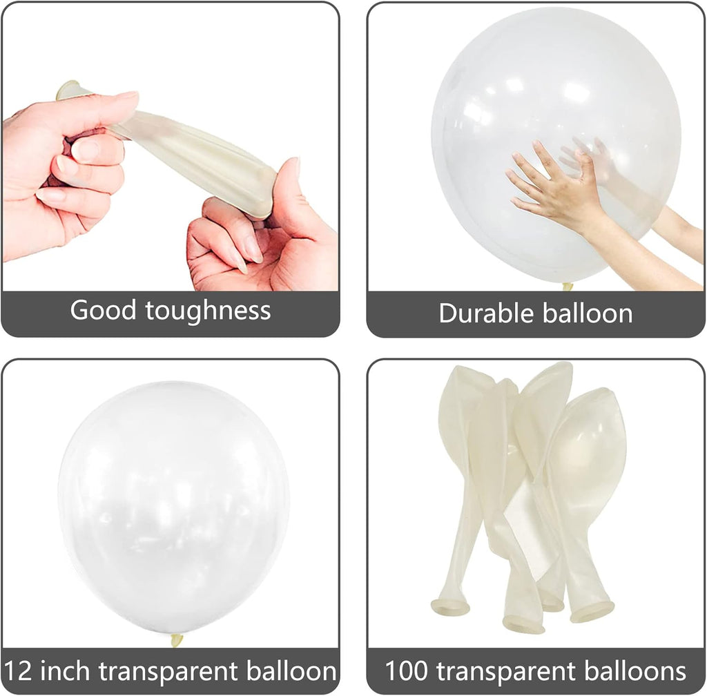 Skiennix Clear Latex Balloons - 100 Pack 12 Inch Transparent Helium Balloons for Parties | Includes 2 Ribbon Rolls