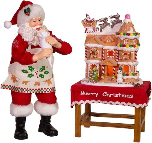 Kurt Adler 10.5-Inch LED Gingerbread House Table Piece - Battery-Operated Fabriche Santa Decor