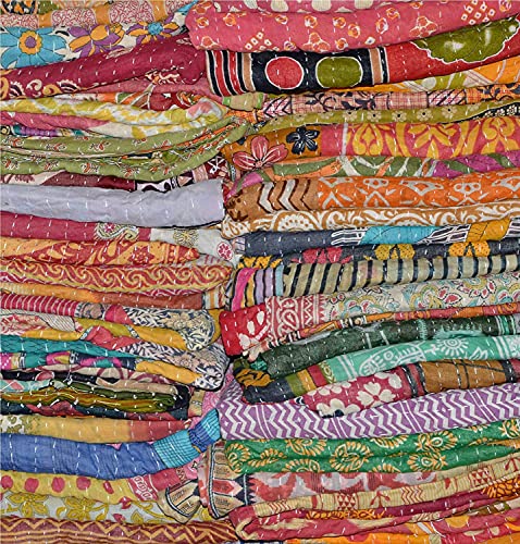 5-Piece Twin Size Indian Kantha Quilt Set - Vintage Cotton Bed Cover Throw