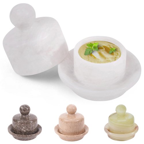 Marble Mini Butter Dish with Lid 4 Inch White French Butter Crock Soft Butter Spreader, Butter Keeper for Kitchen Décor and Storage