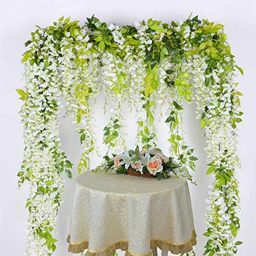 Artificial Wisteria Garland - 4 Pcs 28.8ft White Silk Flowers for Wedding & Home Decor