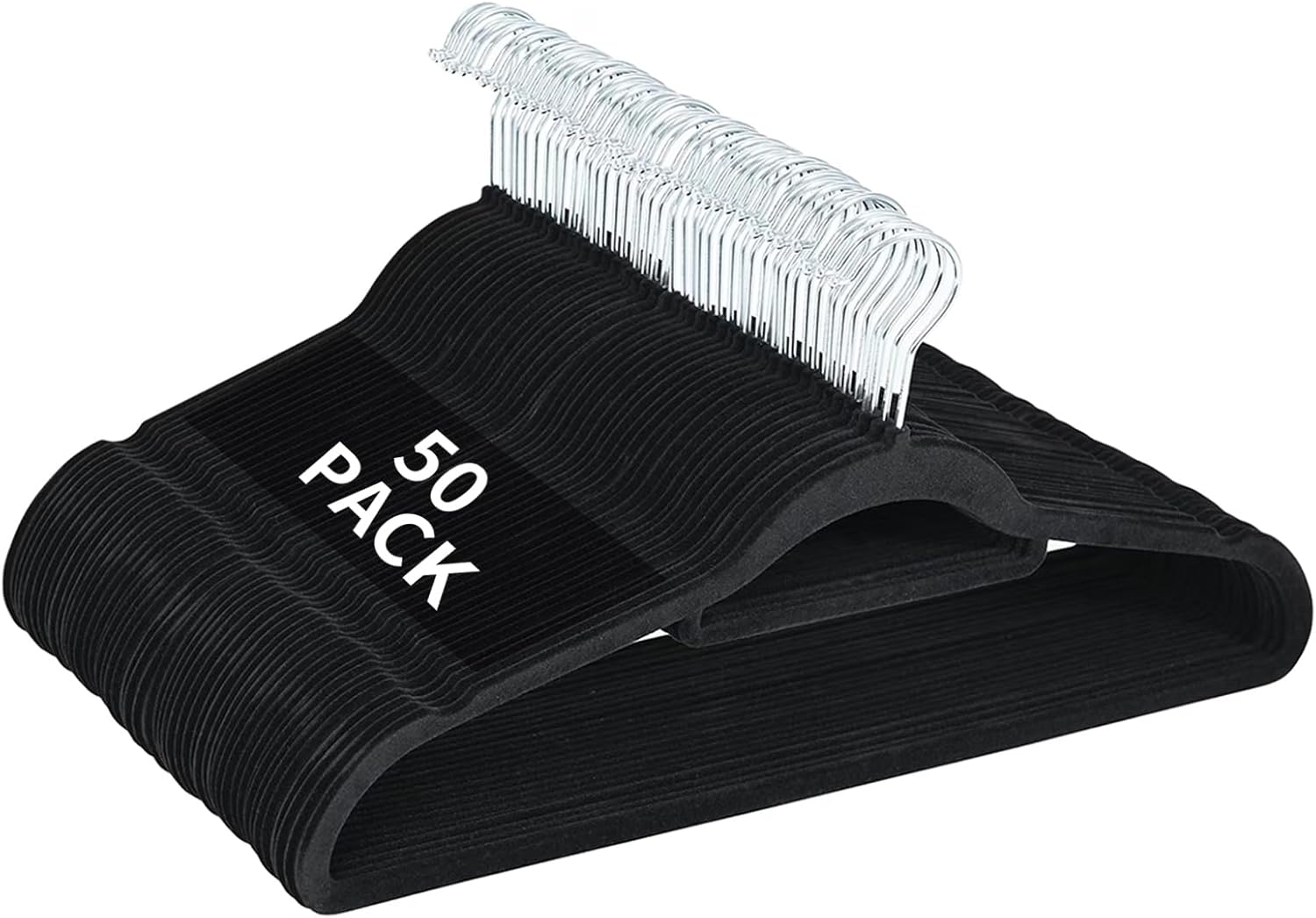 Skiennix 50-Pack Slim Velvet Hangers - Heavy-Duty Non-Slip Design with 360° Rotating Silver Hook | Black