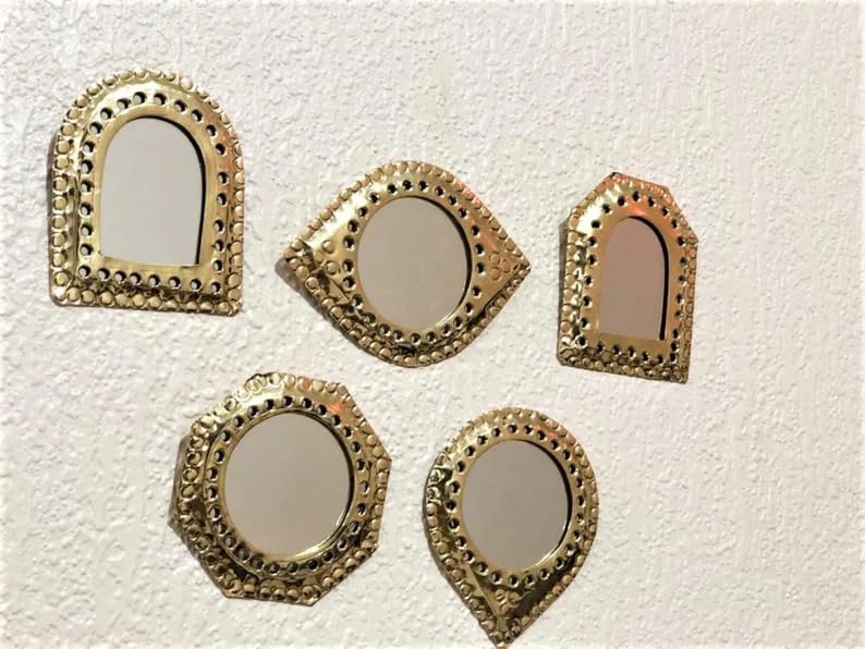 Set of 5 Small Decorative Gold Brass Wall Mirrors, Assorted Geometric Shapes