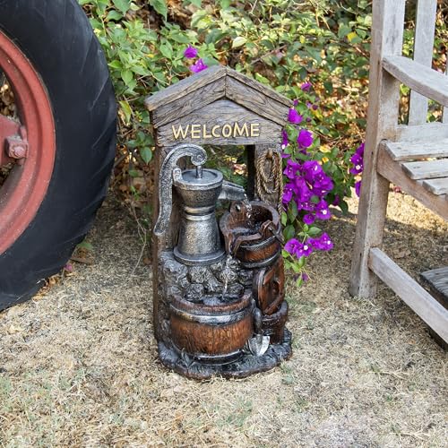 24-Inch Rustic Barrel Floor Fountain with Welcome Sign - Indoor Outdoor